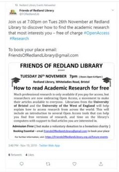 an image of a tweet about Redlands library announcing the meeting