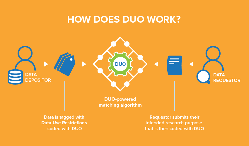Infographic showing DUO in the centre. Either side are graphics to represent people both depositing and requesting data via DUO.