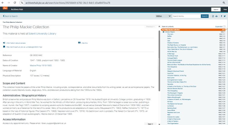 Figure 1: The Mackie Collection in Archives Hub